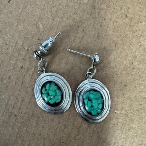 Vintage dangle silver tone earrings turquoise like inlay western NFR rodeo